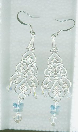 Silver Filigree Chandeliers with Light Sapphire Swarovski Butterflies