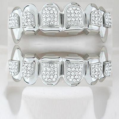 Ninety-Four points of ice Dracula style rhodium playa grillz top and bottom combo