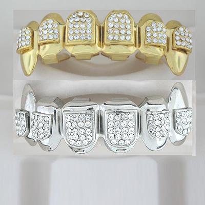 Ninety-Four points of ice Dracula style rhodium and golden playa grillz top and bottom combo