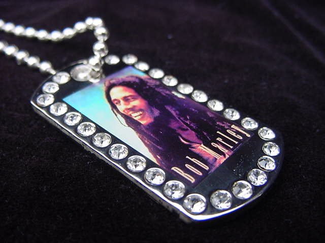 Iced out Bob Marley dog tag pendant with 36 inch chain