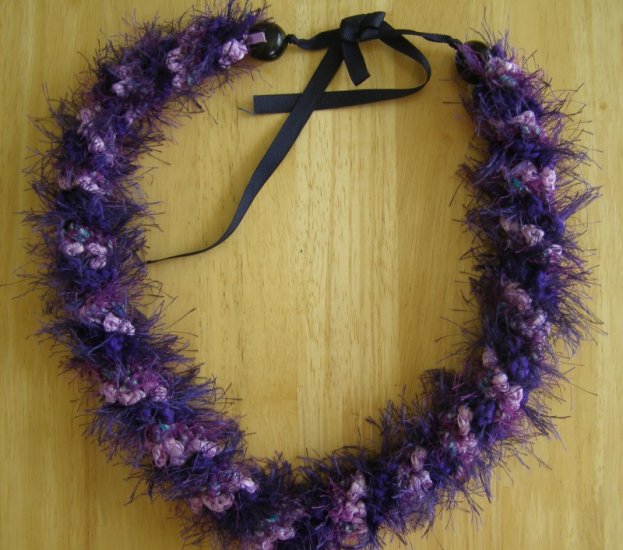 Hawaiian lei crochet w/ multi-color purple eyelash yarn satin ribbon ...