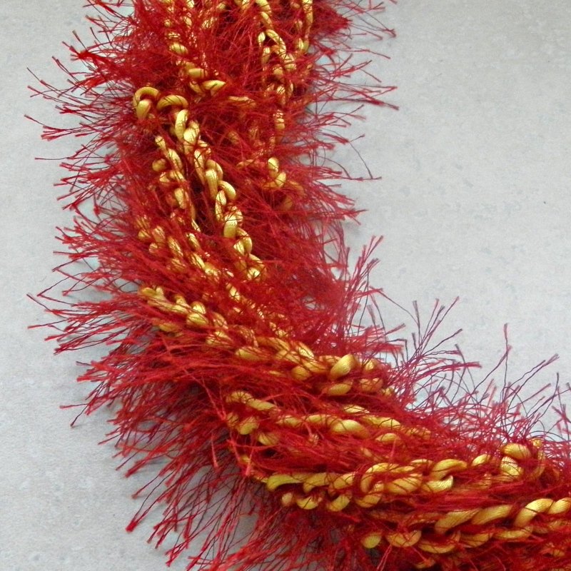 Hawaiian crochet lei 6strand w/ red eyelash yarn yellow rattail cord