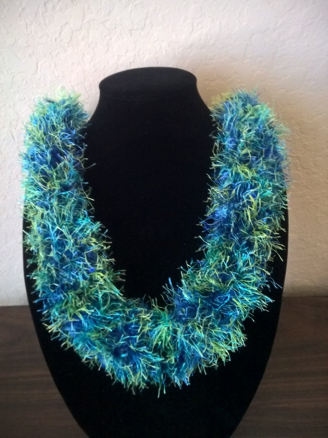 Hawaiian knit lei w/ multicolor blue green yellow eyelash yarn