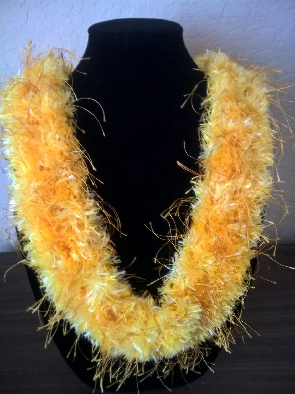 Hawaiian lei knit w/ multicolor yellow gold eyelash yarn