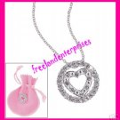 Necklace Circle Heart Silvertone Pendant +Pink Pouch NU