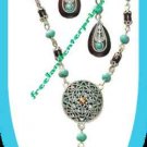 Necklace & Earring Gift Set Turquoise Colored & Brown Medallion ~Slvrtn-FauxWood