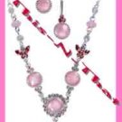 Necklace & Earring Gift Set Pretty Pastel "Y" Cat's Eye & Irridescent Beads Pink