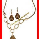Necklace & Earring Fab Faux Semi-Precious Gift Set "Tigers Eye" Burnished Brass