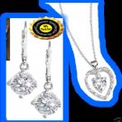 Necklace & Earring CZ Leverback Rhinestone Double Heart Necklace Silvertone NEW