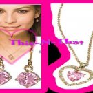 Necklace & Earring CZ Leverback Rhinestone Double Heart Necklace Goldtone PINK Necklace & Earring CZ Leverback Rhinestone Double Heart Necklace Goldtone PINK