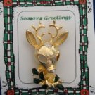 Christmas PIN #341 Reindeer Goldtone w/Enamel Green Holly & Crystal-8 point Buck