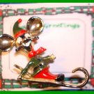 Christmas PIN #326 Signed BJ Elf Mouse Head on Ski/Sled Goldtone-Green & Red VTG