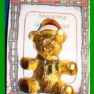 Christmas PIN #108 Vintage Teddy Bear Red & White Hat-Green Enamel Bow Goldtone