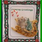 Christmas PIN #094 VTG Sleigh with Bear, Candy Cane & Tree, Goldtone HOLIDAY VGC