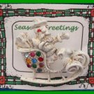 Christmas PIN #081 Signed DODDS Santa Sleigh White with Rhinestones
