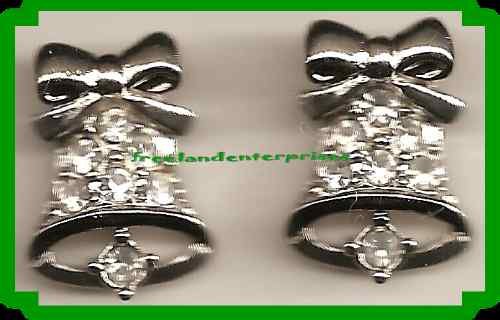 Christmas Earrings #335a Jingle Bell Pierced Earg Rhinestones/Silvertone Sparkle