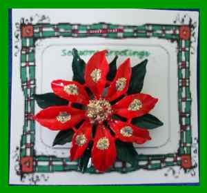 Christmas PIN #0198 Red & Green Enamal Poinsettia w/Gold Glitter HOLIDAY Brooch