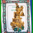 Christmas PIN #0036 Signed GOLD CROWN Bell & Santa Moveable Figural ~Gold Plated