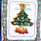 Christmas PIN #0426 Green Christmas Tree Pin~Gold HEART Ornaments~Red Top & Base
