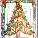 Christmas PIN #0414 Vintage Goldtone & Green Faceted Rhinestone Ornaments Tree