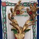 Christmas PIN #0370 Reindeer-Elk & Holly Goldtone w/Green & Red Rhinestones Pin Christmas PIN #0370 Reindeer-Elk & Holly Goldtone w/Green & Red Rhinestones Pin