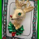 Christmas PIN #0344 Gerrys Buck Deer Goldtone w/Green Eye~Enamel Green/Red Holly