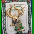 Christmas PIN #0342 Buck Deer & Holly Goldtone w/Enamel Green & Red