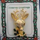 Christmas PIN #0341 Reindeer Goldtone wEnamel Green Holly & Crystal-8 point Buck