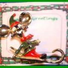 Christmas PIN #0326 Signed BJ Elf Mouse Head on Ski/Sled Goldtone-Green-Red Vtg Christmas PIN #0326 Signed BJ Elf Mouse Head on Ski/Sled Goldtone-Green-Red Vtg