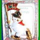 Christmas PIN #0321 Snowman Skating Goldtone wRed Scarf-Black Hat wHolly-Hi Flag