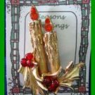 Christmas PIN #0250 ART Double Candle & Holly w/Red Berry Beads Goldtone Brooch