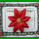Christmas PIN #0196 VTG Red Enamal Poinsettia w/Goldtone Center~Goldtone Tac Pin