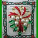 Christmas PIN #0191 Ribbon, Faux Pearls-Holly & Berries Enamel Goldtone Brooch