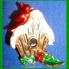Christmas PIN #0145 Red Cardinal Birdhouse Goldtone & Enamel HOLIDAY Brooch RARE