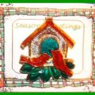 Christmas PIN #0144 Red Cardinals Birdhouse Goldtone-Enamel HOLIDAY Brooch RARE