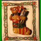 Christmas PIN #0126 Wooden Looking Patchwork Stocking Teddy Bear HOLIDAY Brooch