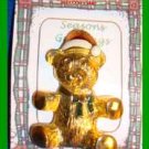 Christmas PIN #0108 Vintage Teddy Bear Red & White Hat-Green Enamel Bow Goldtone