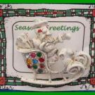Christmas PIN #0081 Signed DODDS Santa Sleigh White with Rhinestones