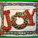 Christmas PIN #0065 JOY Red & Green Goldtone with Rhinestones HOLIDAY