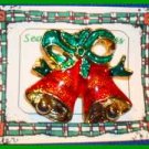 Christmas PIN #0040 Bells Goldtone & Red with Green Ribbon Enamel ~Goldtone~ VGC