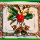 Christmas PIN #0007 VTG Not Signed 3 Bells Holly Bow Goldtone HOLIDAY Brooch/Pin