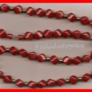 Necklace #129 Beads Red Square Beads-Goldtone Accents VGC