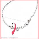 Breast Cancer Crusade Love Ribbon Necklace Silvertone & Pink NIB