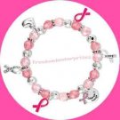 Breast Cancer Crusade Ribbon Charm Bracelet Pink & Silvertone Ribbons~Stretchie