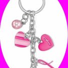 Breast Cancer Crusade Key Chain with Charms Silvertone-3 1/2 inch long-5 charms