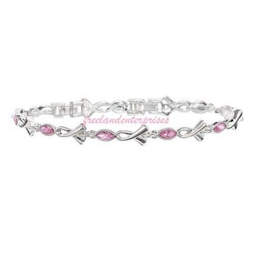 Breast Cancer Pink Hope Tennis Bracelet with Ribbon Accents ~Pink & Silvertone~