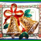 Christmas PIN #0026 Bells Goldtone and Crystal Rhinestones Red Enamel Bow