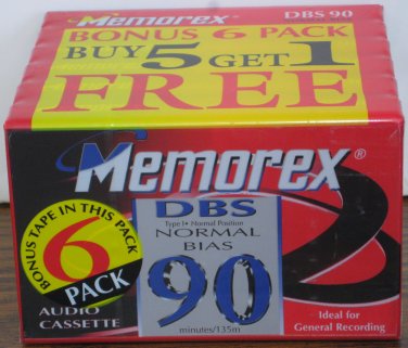 Audio Cassette Tape - Memorex DBS90 - 90 Minutes - Pack of 6 - 1997 Vintage