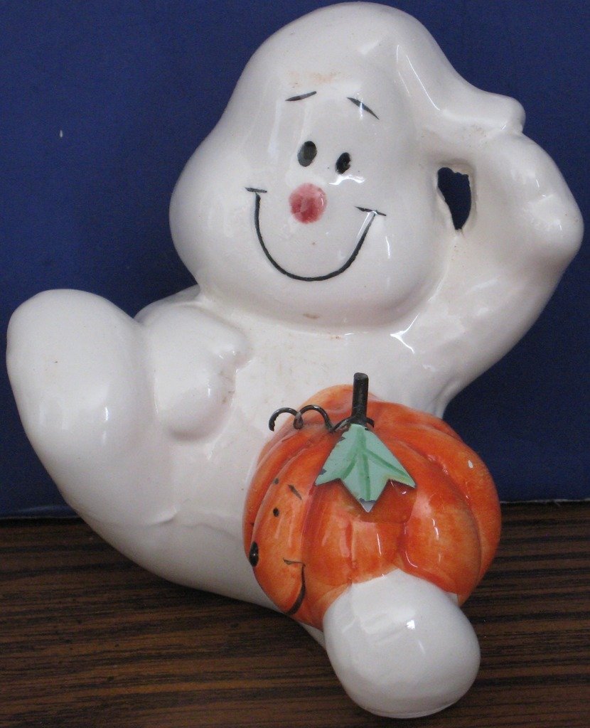 Ceramic Smiling Halloween Ghost with Jack O Lantern Figure / Figurine 3.5"