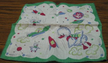Handkerchief - Space Cadet with Bubble Helmet Duckling - Green White - 1950s Vintage